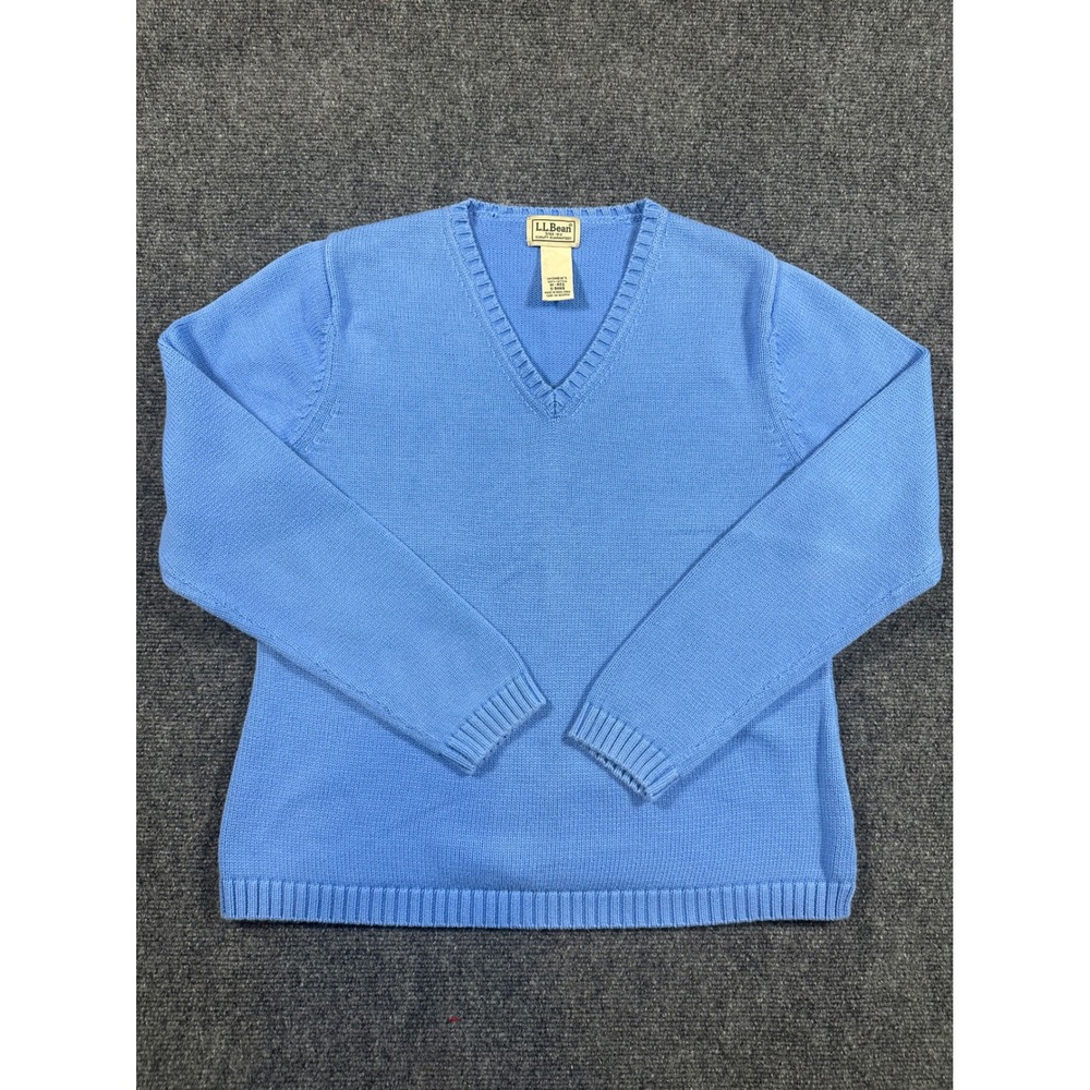 LL Bean Womens V-Neck Sweater Blue 100% Cotton Size Medium Regular 0 BHN9
